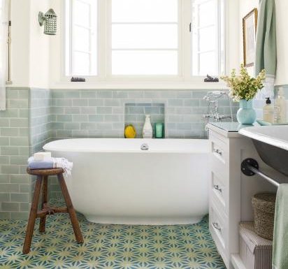 For a project featured in This Old House, Design Vidal creates a guest bathroom featuring Tunis cement tile