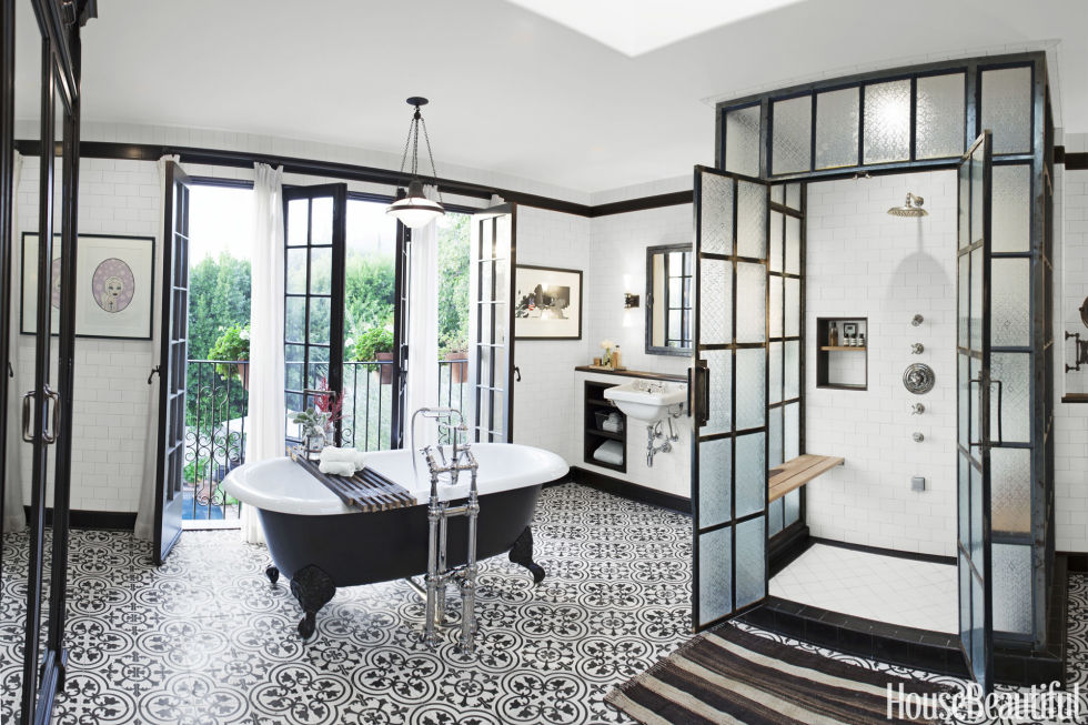 Granada Tile's black and white Cluny cement tiles pave the way for a glamorous bathroom designed by Dierdre Doherty