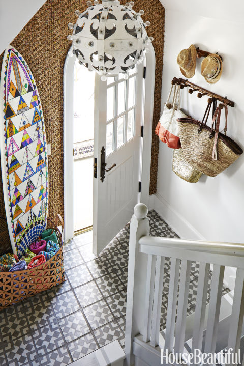 Granada Tile's Fez cement tiles decorate the entry in a home designed by Colleen Bashaw for one of the founders of Anthopologie