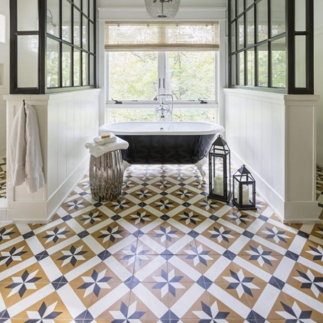 Granada Tile's Toscano cement tiles in an industrial chic bathroom by J. Kurtz Design. 