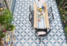 Geometric patterned cement tile in outdoor patio