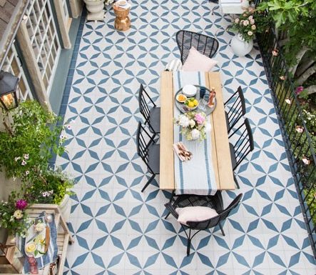 Geometric patterned cement tile in outdoor patio