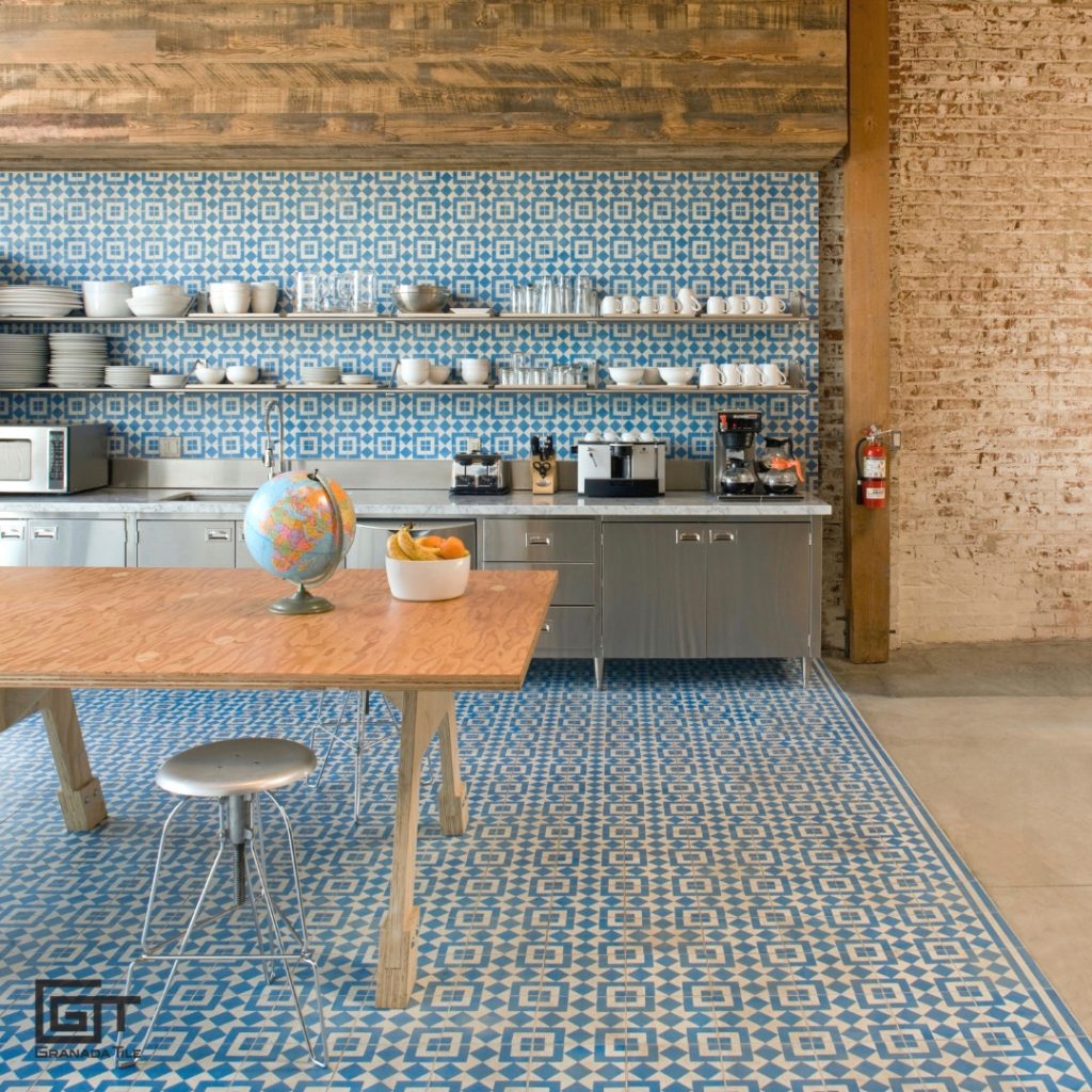 Granada Tile Company's Fez Design in Blue and White in Studio Kitchen and Dining Room