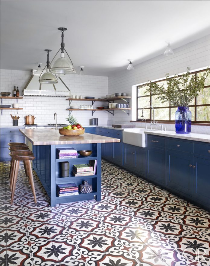Blue and white kitchen with Sofia cement tiles