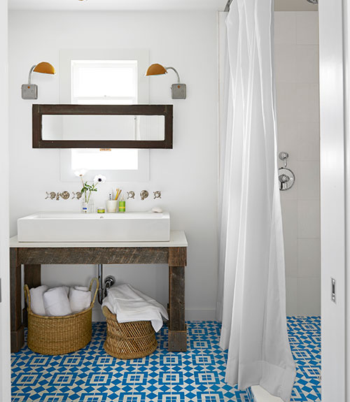 A bathroom with Fez cement tile flooring