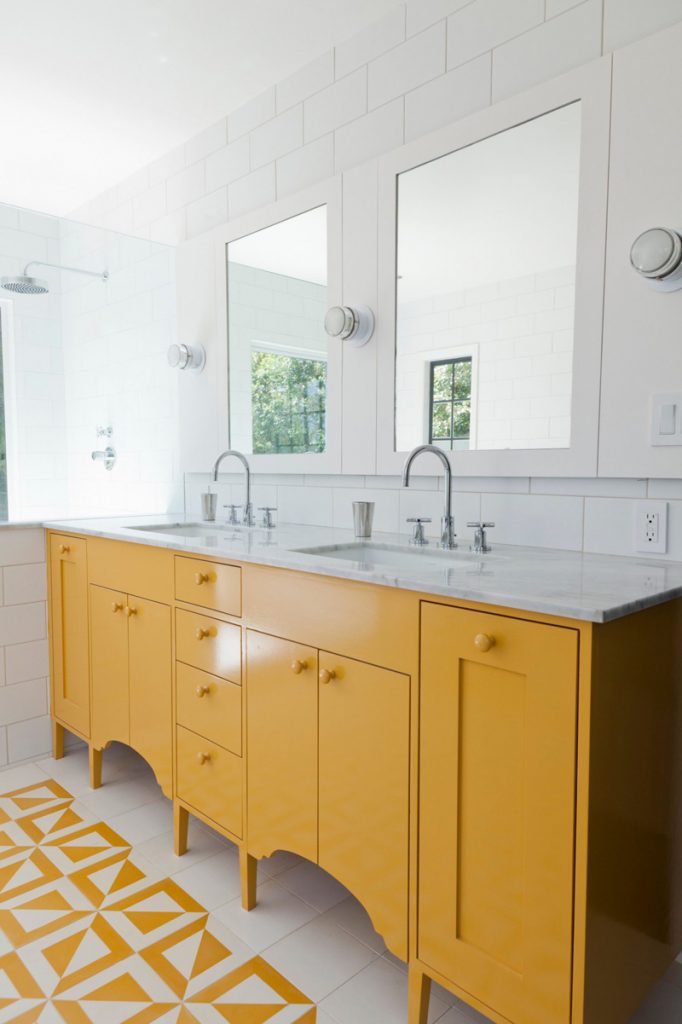 A bathroom with cement tiles from Granada Tile's Echo Collection