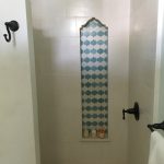 Shower niche in a resort home in Costa Rica using Granada Tile’s Droplet pattern