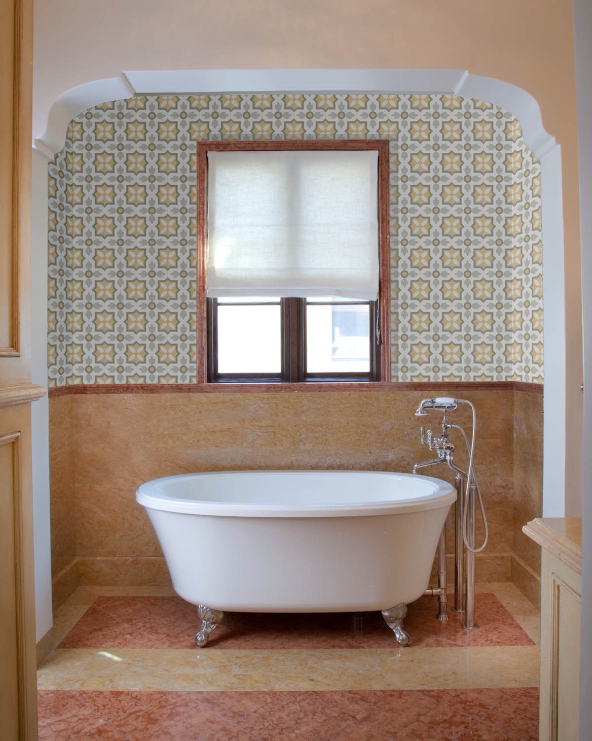 Designer Paul Schatz uses Granada Tile's cement tile pattern, Flor, to create a classic and elegant bathroom design