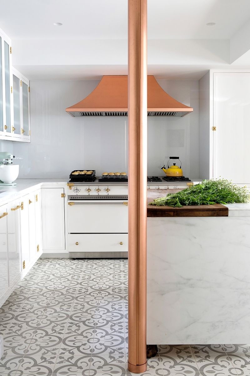 Fawn Galli Interior Design used Normandy cement tiles for a kitchen