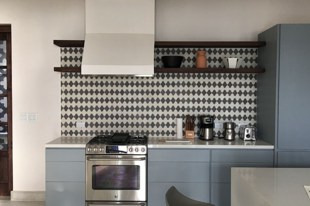 Trellis cement tiles used to make a aesthetically pleasing kitchen