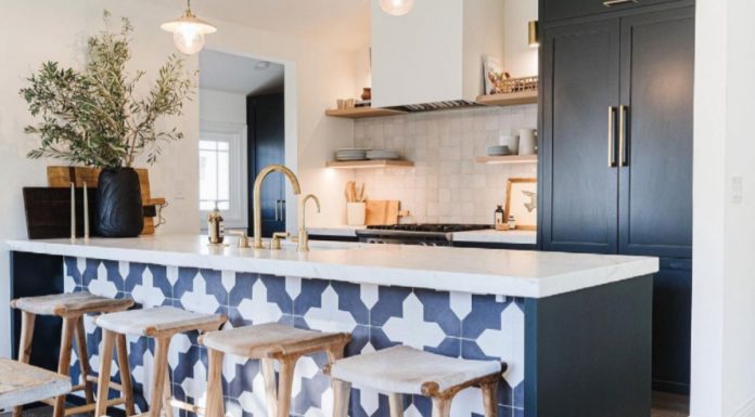 The Workroom using Granada Tile's pattern for a kitchen island