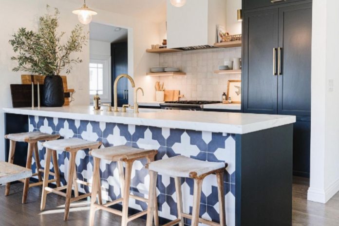 The Workroom using Granada Tile's pattern for a kitchen island