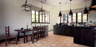 tiles on the floor with wood furniture