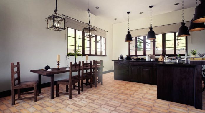 tiles on the floor with wood furniture