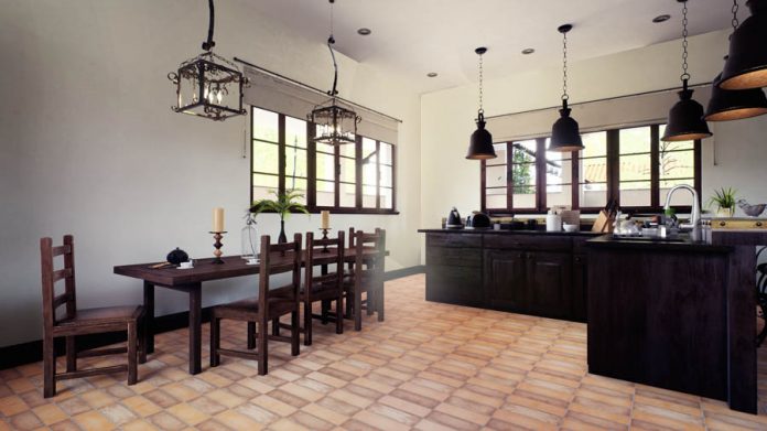 tiles on the floor with wood furniture