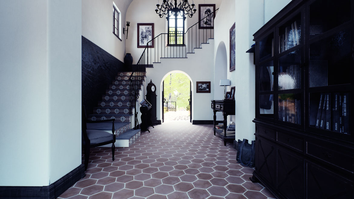 Hexagon tiles in Umber in spacious entryway