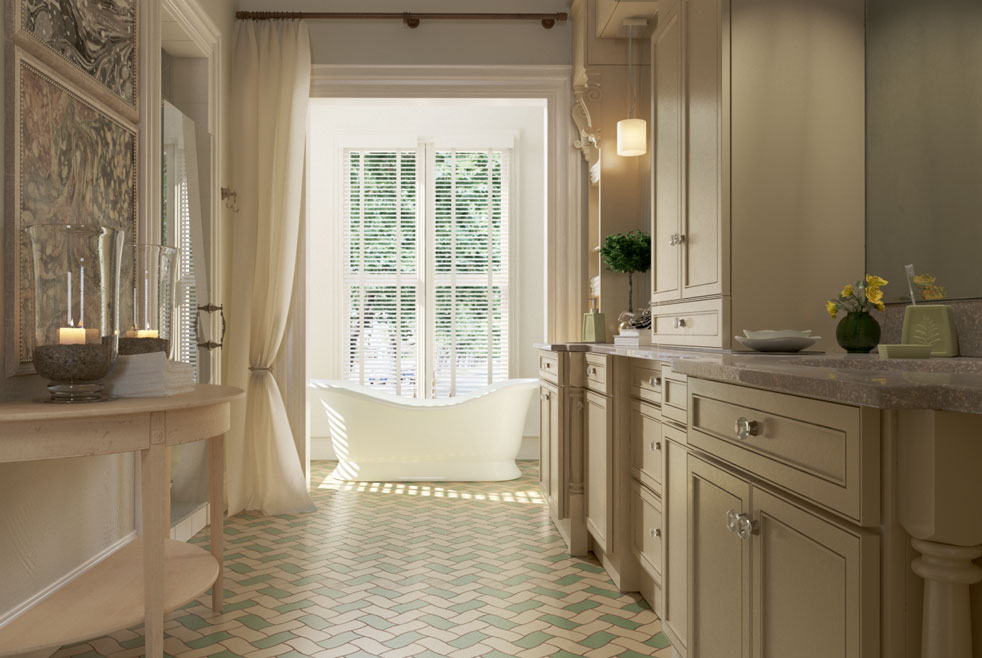 Graceful cream colored bathroom with tile floors in cream and aqua