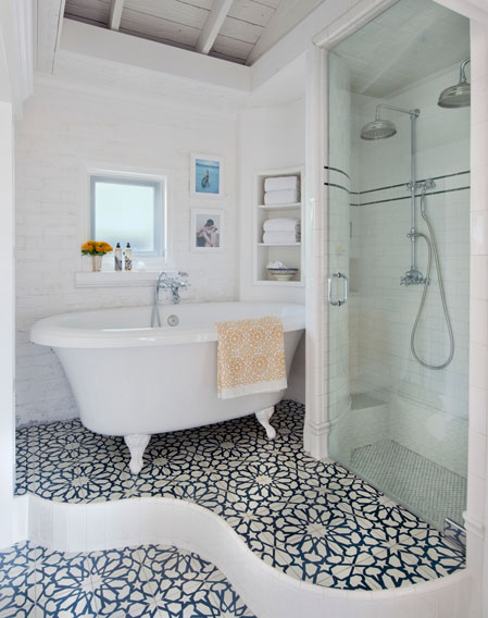 Granada Tile Company’s Alhambra blue and white bathroom floor cement tiles at Casa Laguna Hotel & Spa