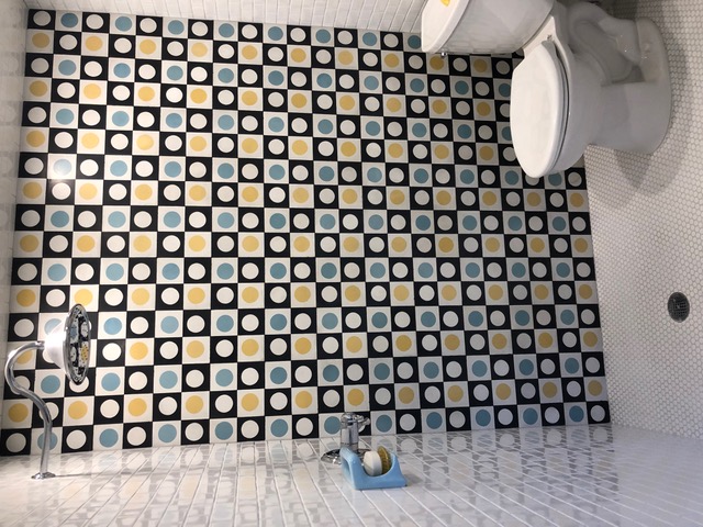View of bathroom with one wall covered in a multi-colored polka dot cement tile