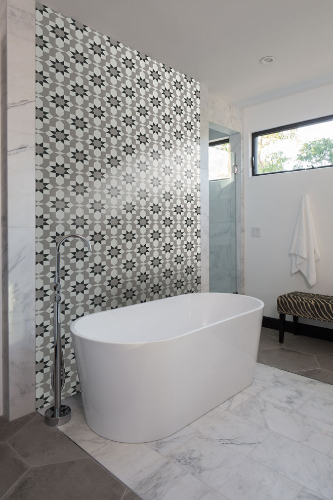 Exquisite bathroom with Minis mosaic tiles on wall behind the tub