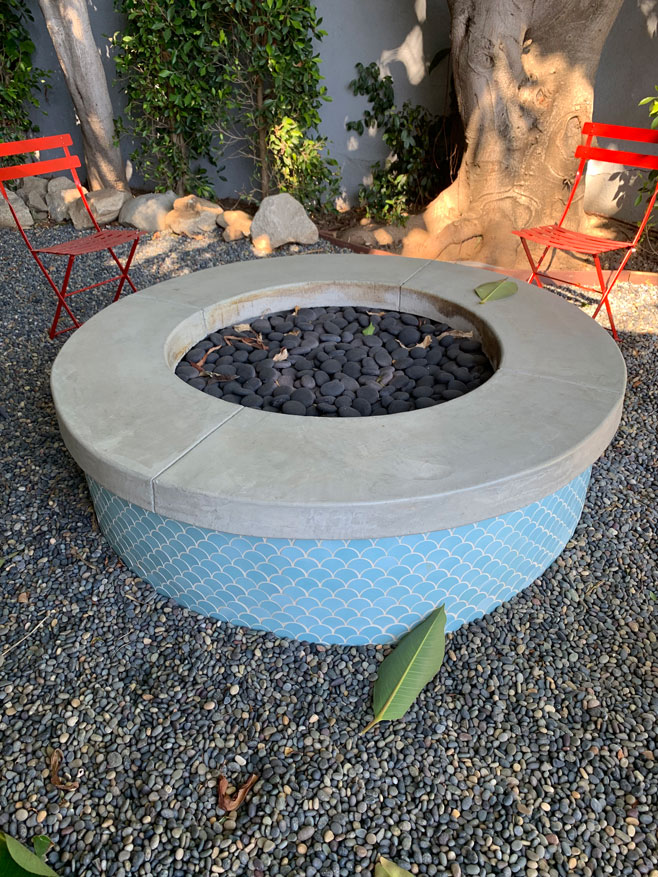 Back yard fire pit cloaked in Minis Scale tile