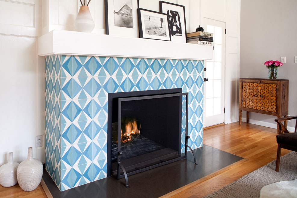 Vibrant cement tile fireplace in shades of blue