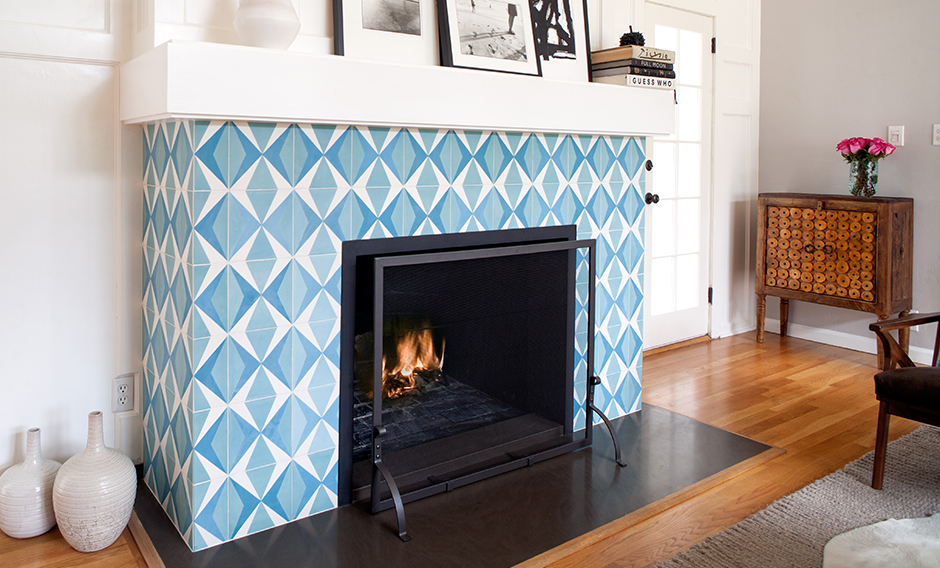 Vibrant cement tile fireplace in shades of blue