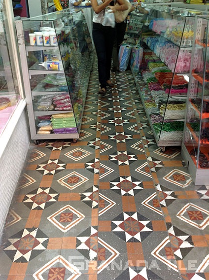 Historic encaustic tile in shop