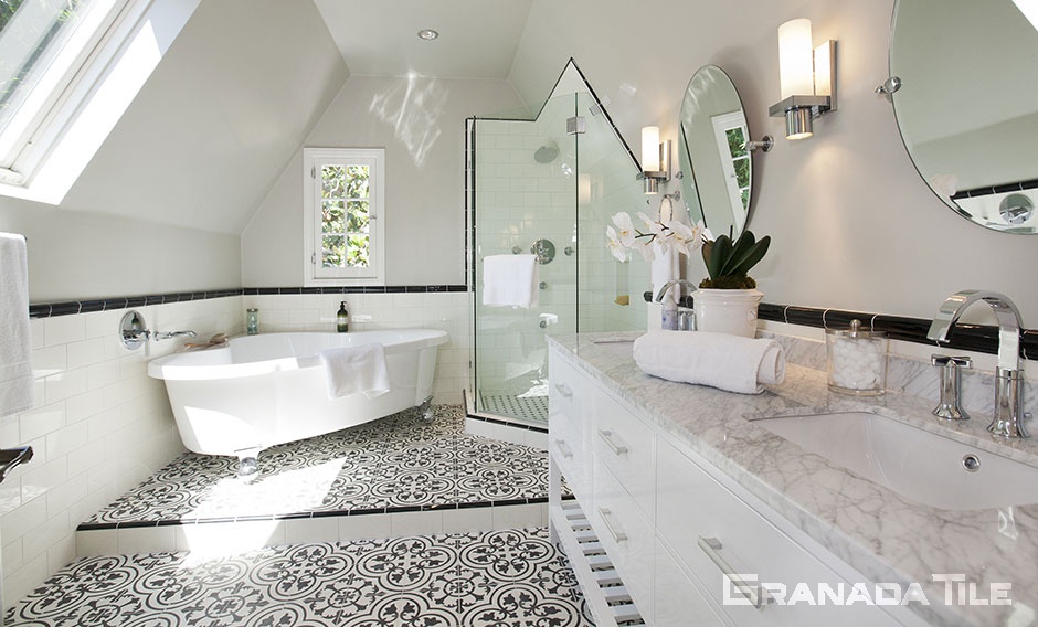 Cluny Cement Tile in Slate and White Bathroom