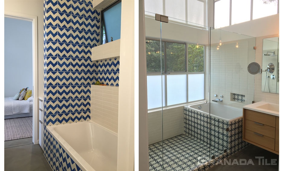 The blue and white zig zag of modern cement tiles in bathroom