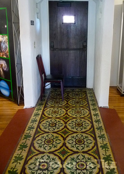 Fancy cement tile carpet at exit to Casa Romantica in San Clemente, CA